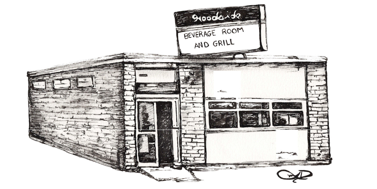 An artist’s black and white drawing of the woodside tavern, a small and unassuming building.