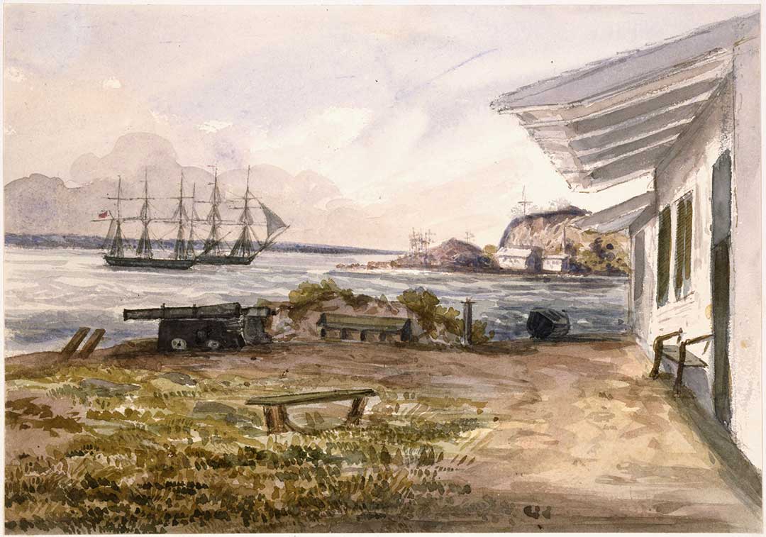 A watercolour painting with a white building on the right, cannons and benches in the foreground, and three-masted sailing ships in the background.