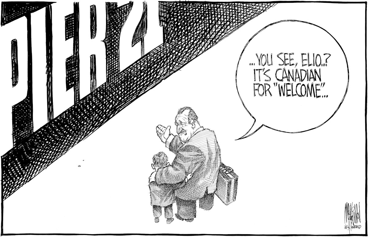 Cartoon of an old man and a young boy in front of the word Pier 21 in large letters. The man says: You see Elio? It's Canadian for Welcome.