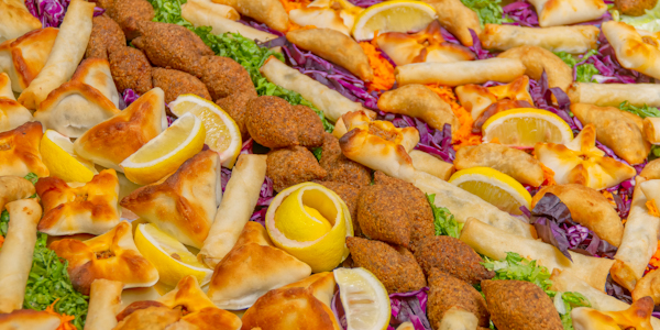 A colourful tray of Lebanese food.