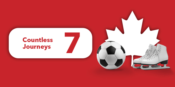 A maple leaf with skates and a soccer ball.