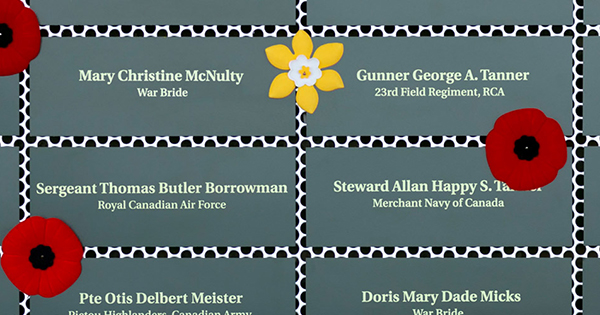 A lattice of mounted plaques with the names and rank of soldiers and war brides.