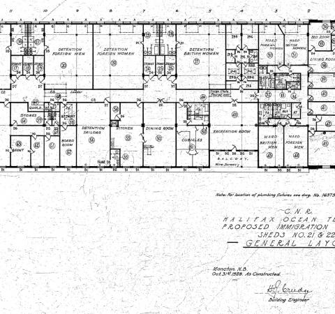 Shed 21 immigration quarters as opened in 1928, excluding assembly and medical inspection area.  (Cropped extract from Halifax Port Authority #10882)