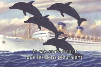 Illustrated postcard with dolphins jumping out of the water next to a ship.