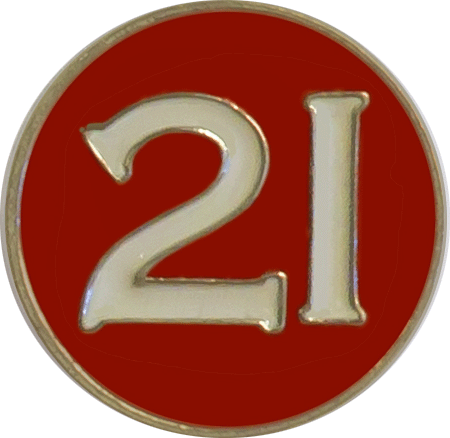 A red pin with a white number twenty one on it.