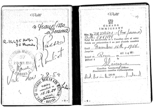 Passport page showing a Canada Immigrant stamp.