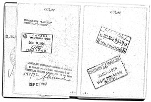 Passport page showing the date on a  Canada Immigrant stamp.