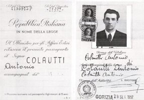 Old Italian passport showing photo page of young man.