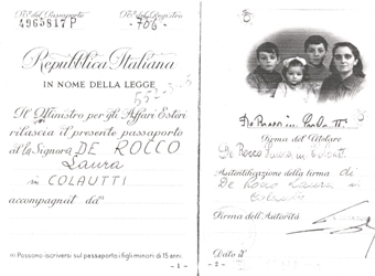 Old Italian passport showing photo page of woman with children.