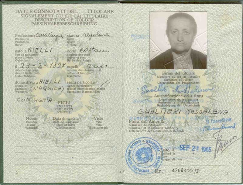 Faded Italian passport, opened to photo page.