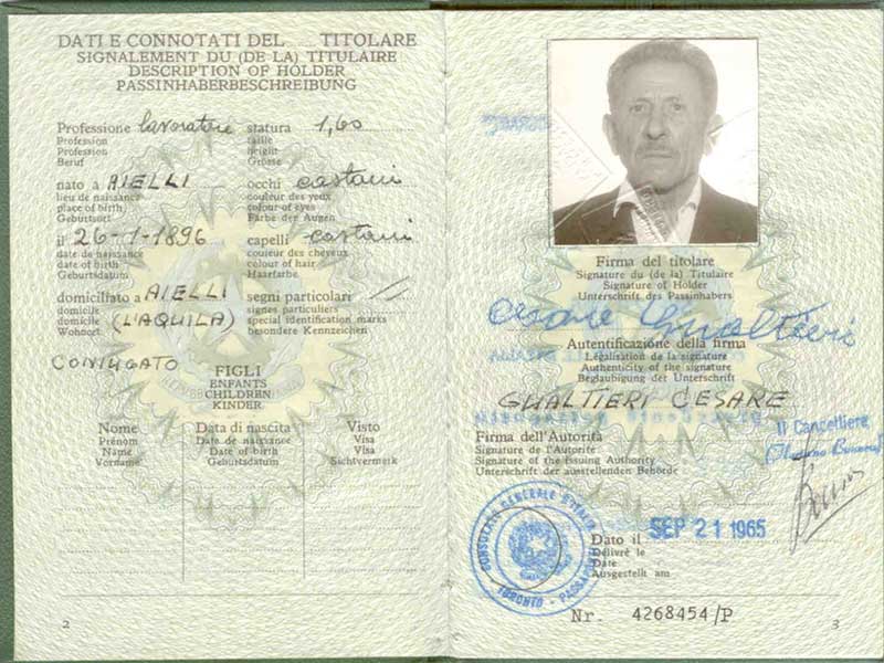 Faded Italian passport, opened to photo page.