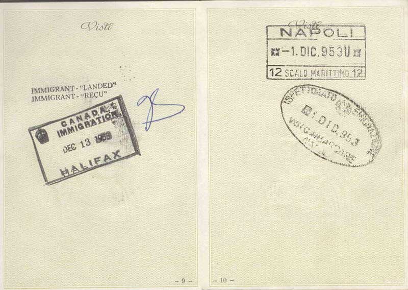 Faded travel document with immigration stamps.