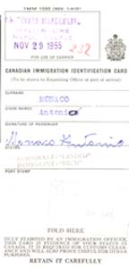 Antonio Monaco's Canadian Immigration Identity Card.