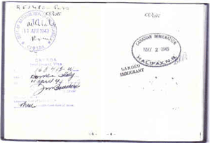 Page of Antonio's passport with writing and stamps.