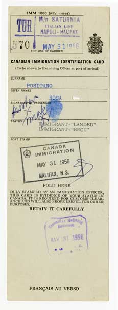 Canadian immigration identification card of Rose Positano with three stamps and a signature.