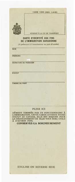 Blank Canadian immigration identification card.