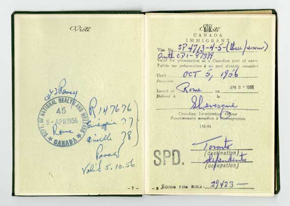 Seventh and eighth page of passport with Canadian immigration details and stamps.