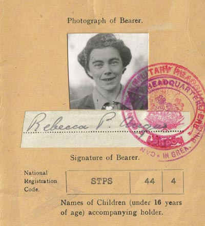 Identity card with Rebecca Angus signature and red stamp of military.
