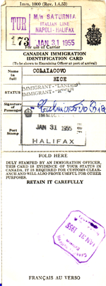 Canadian Immigration Identification Card of Bice Colaiacovo.