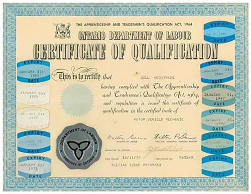 An old Qualification Certificate from the Ontario Department of Labour.