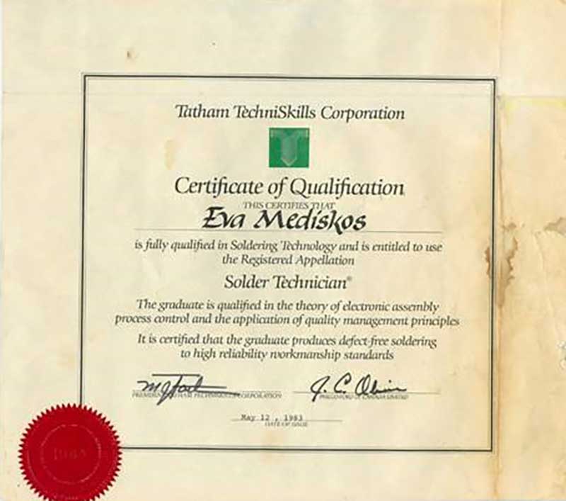 An old certification document identifying Eva Meditskos as a Solder Technician.