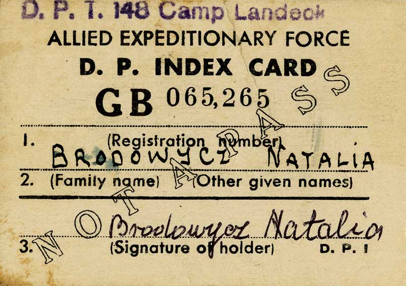 Old yellow DP Index Card in the name of Natalia Brodowycz.