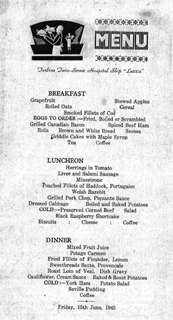 Copy of a menu taken from the ship, Letitia, with headings of breakfast, lunch and dinner.