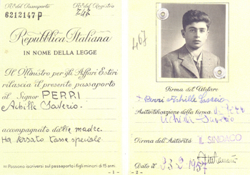 Photo page of old Italian passport with picture of Achille Perri.