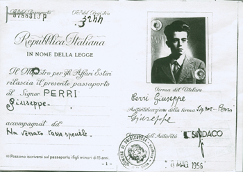 Photo page of old Italian passport with picture of Giuseppe Perri.
