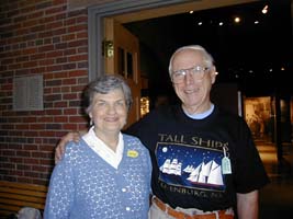 Catherine and Gordon as older couple, Gordon wearing Tall Ships t shirt.