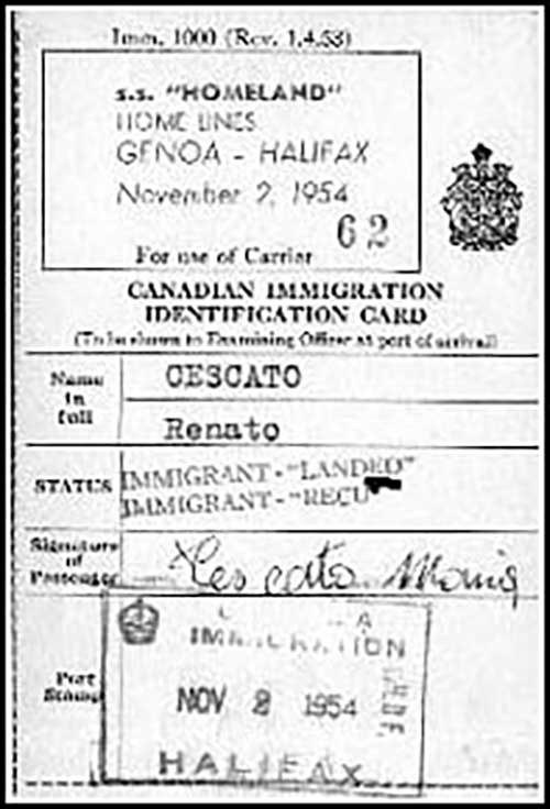 Canadian Immigration Identification Card of Renato Cescato.
