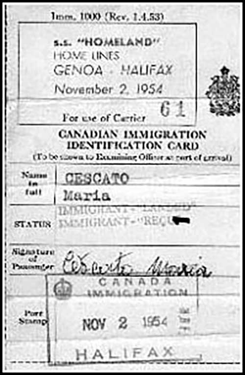 Canadian Immigration Identification Card of Maria Cescato.