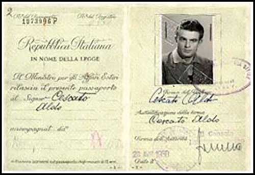 Photo page of old passport of Aldo Cescato.