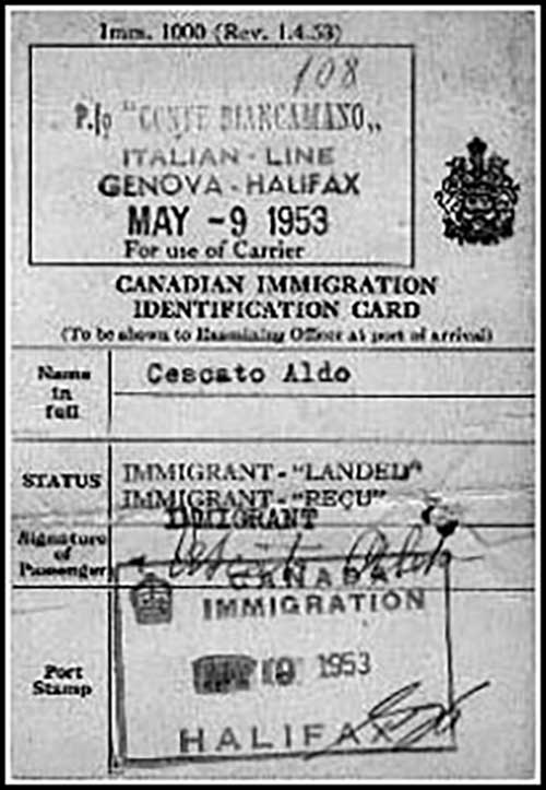 Canadian Immigration Identification Card of Aldo Cescato.