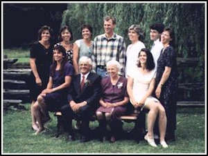 Family photo of several members seated on and around a park bench.