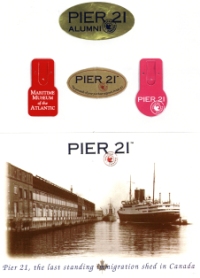 Collage of Pier 21 stickers and old-fashioned postcard.