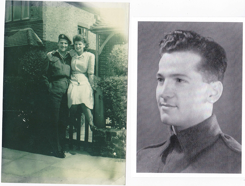 Two photos are pasted on paper, in the first there is a young man in uniform with a young woman and in the second, a young man in military uniform.