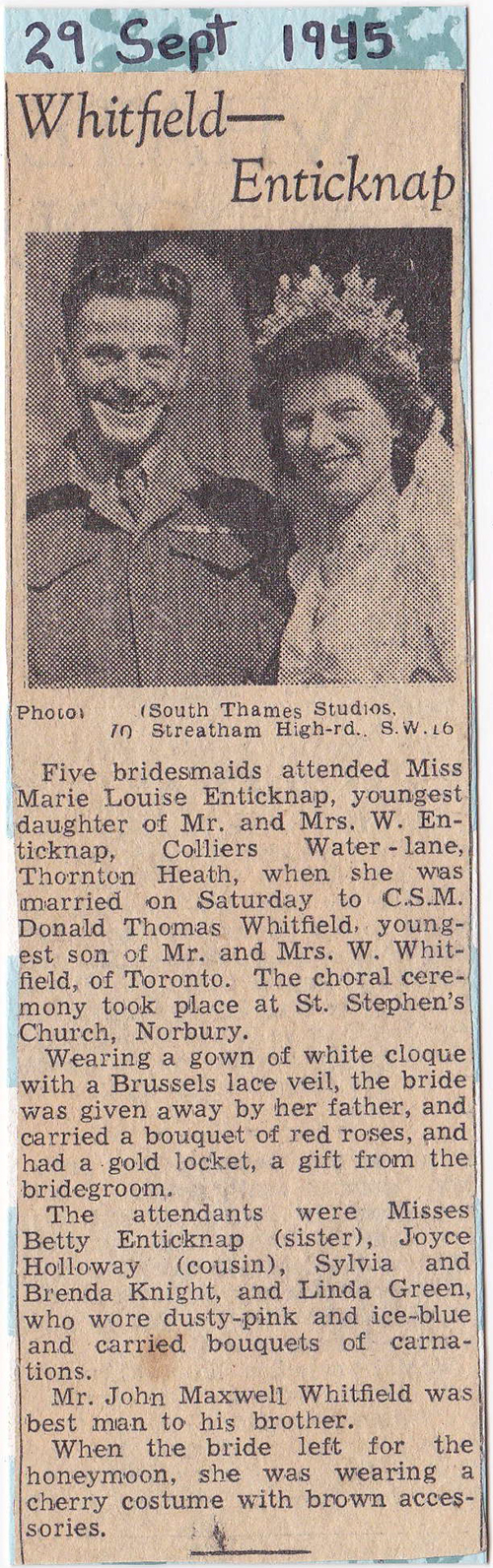 Newspaper clipping of wedded couple with heading of 29th Sept 1945.