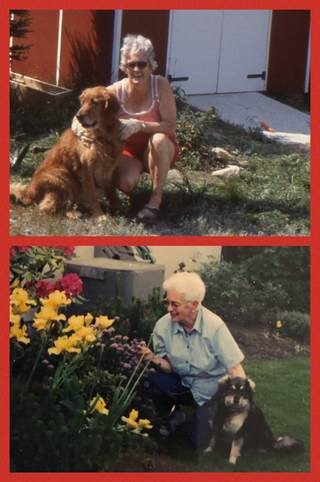 Two photos with a red border around each, both showing an older white woman with a dog posed outside.