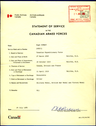Yellowed document titled Statement of Service in the Canadian Armed Forces.