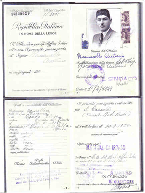 Italian passport showing the page of young Antonio’s photograph.