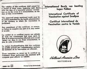 Document reading International Certificate of Vaccination Against Smallpox.