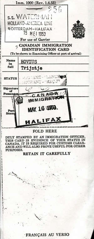 Canadian Immigration Identification Card for Trijntje Hovius.