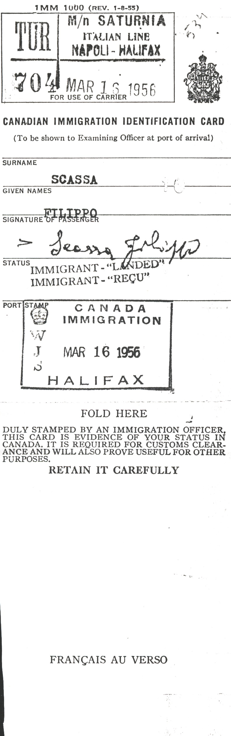 Canadian Immigration Identification Card of Filippo Scassa.