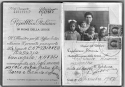 Italian passport showing the page of the photograph of a young woman and four children.