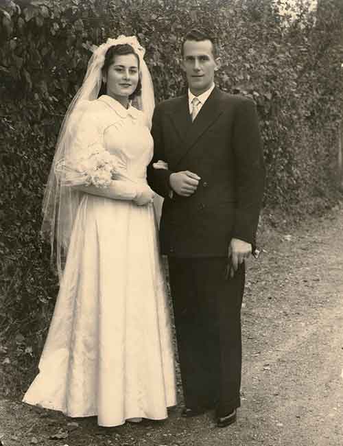 Black and white photo of couple on their wedding day.