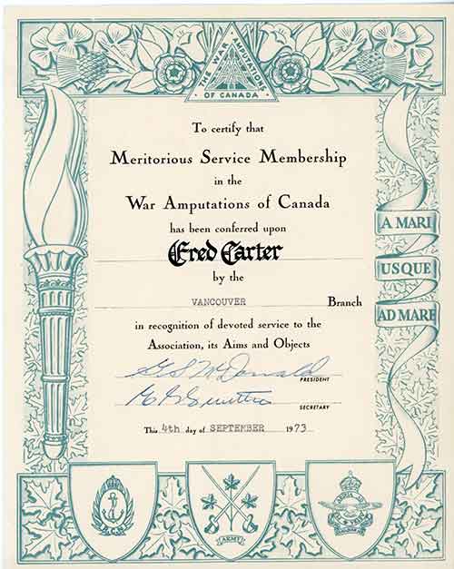 An older document detailing an award given to Fred Carter.