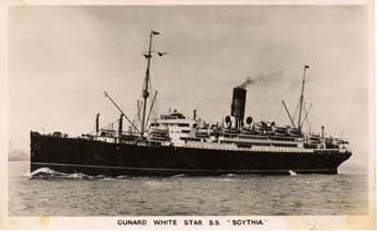 Old postcard of ship, with caption Cunard White Star SS Scythia.