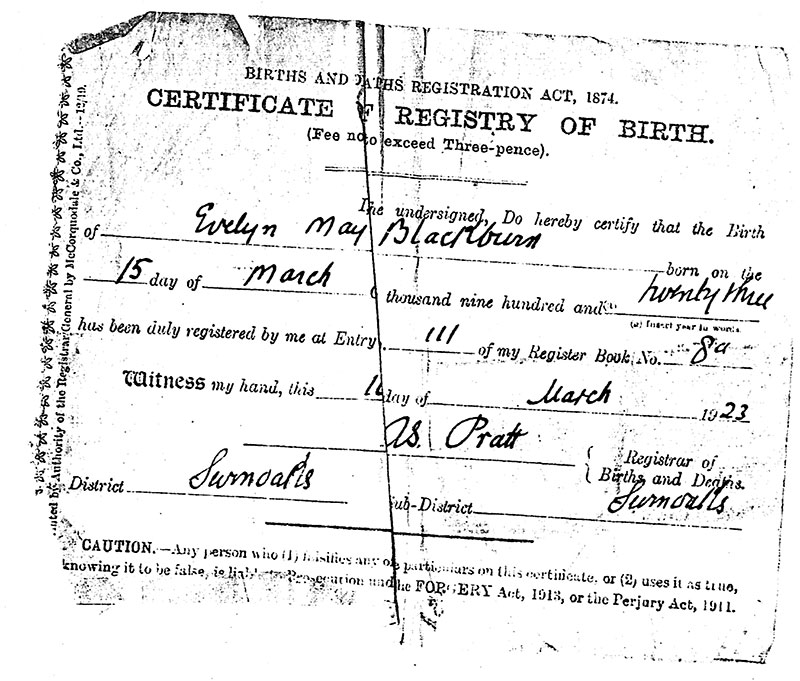 Old black and white certificate of Registry of Birth.