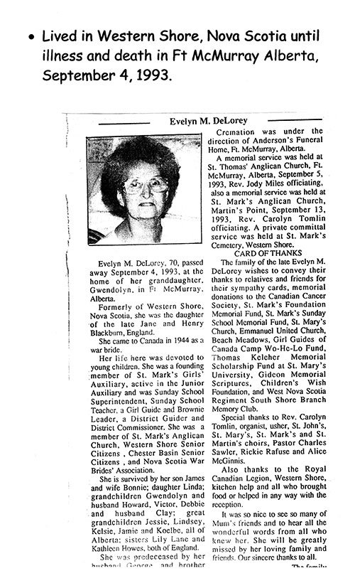A newspaper cutting of the obituary of Evelyn DeLorey.